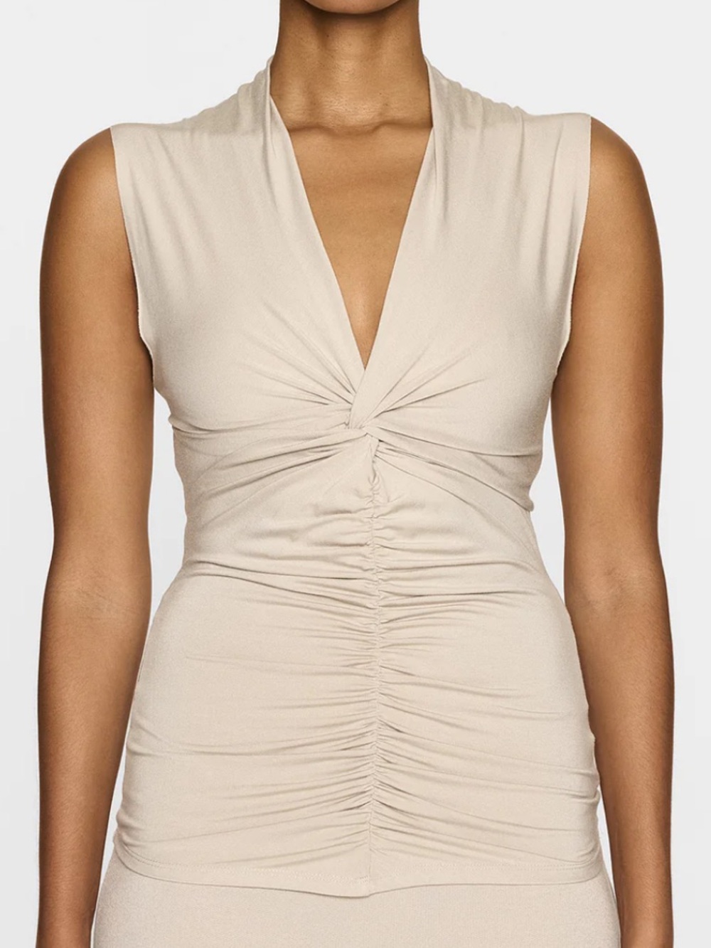 Bleusalt Cindy V Lite Top Stone Beige Ivory Sleeveless Blouse Ruching Size XXL